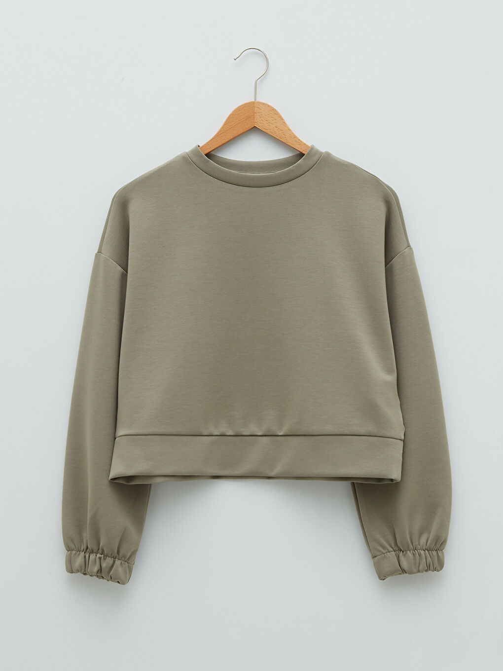 Haki Bisiklet Yaka Düz Uzun Kollu Kadın Sweatshirt-5