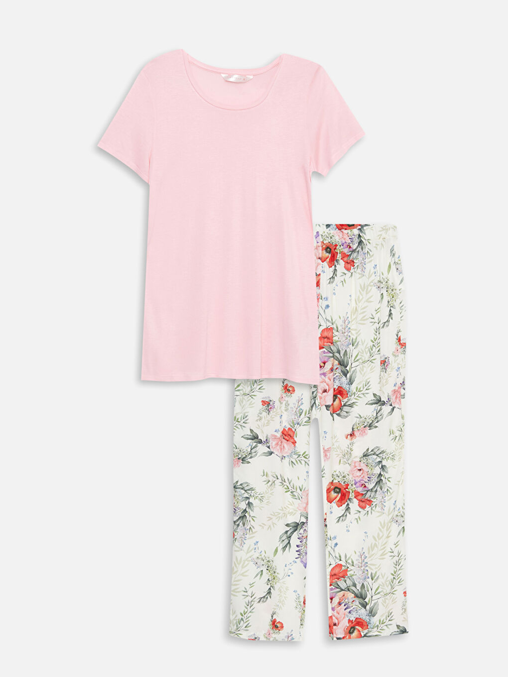 Ekru Bisiklet Yaka Çiçekli Kısa Kollu Viskon Kadın Pijama Takım-5