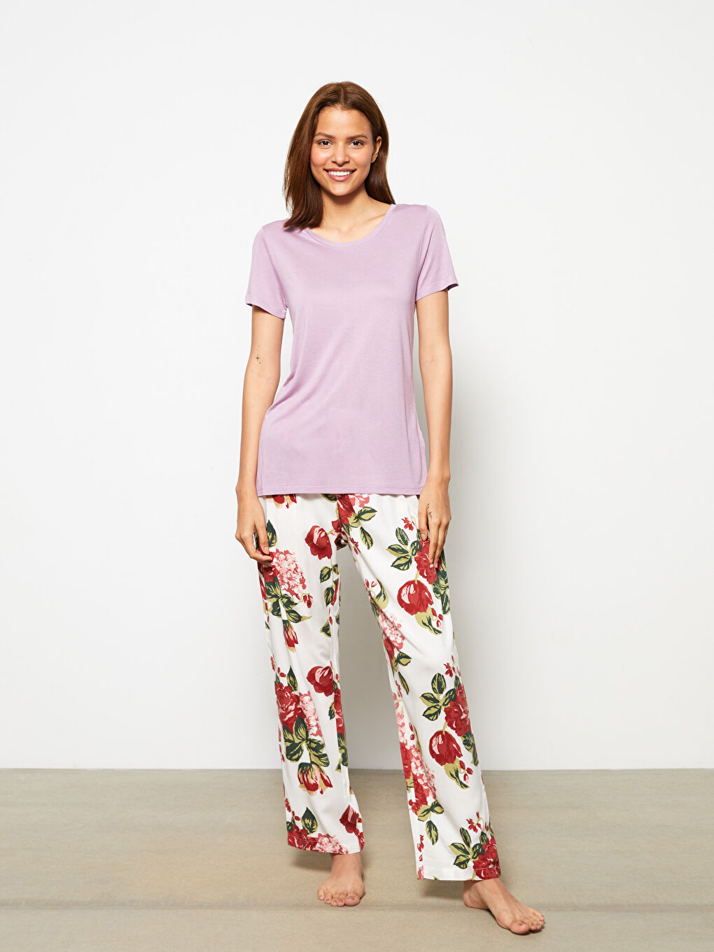 Crew Neck Floral Short Sleeve Viscose Women's Pajamas Set