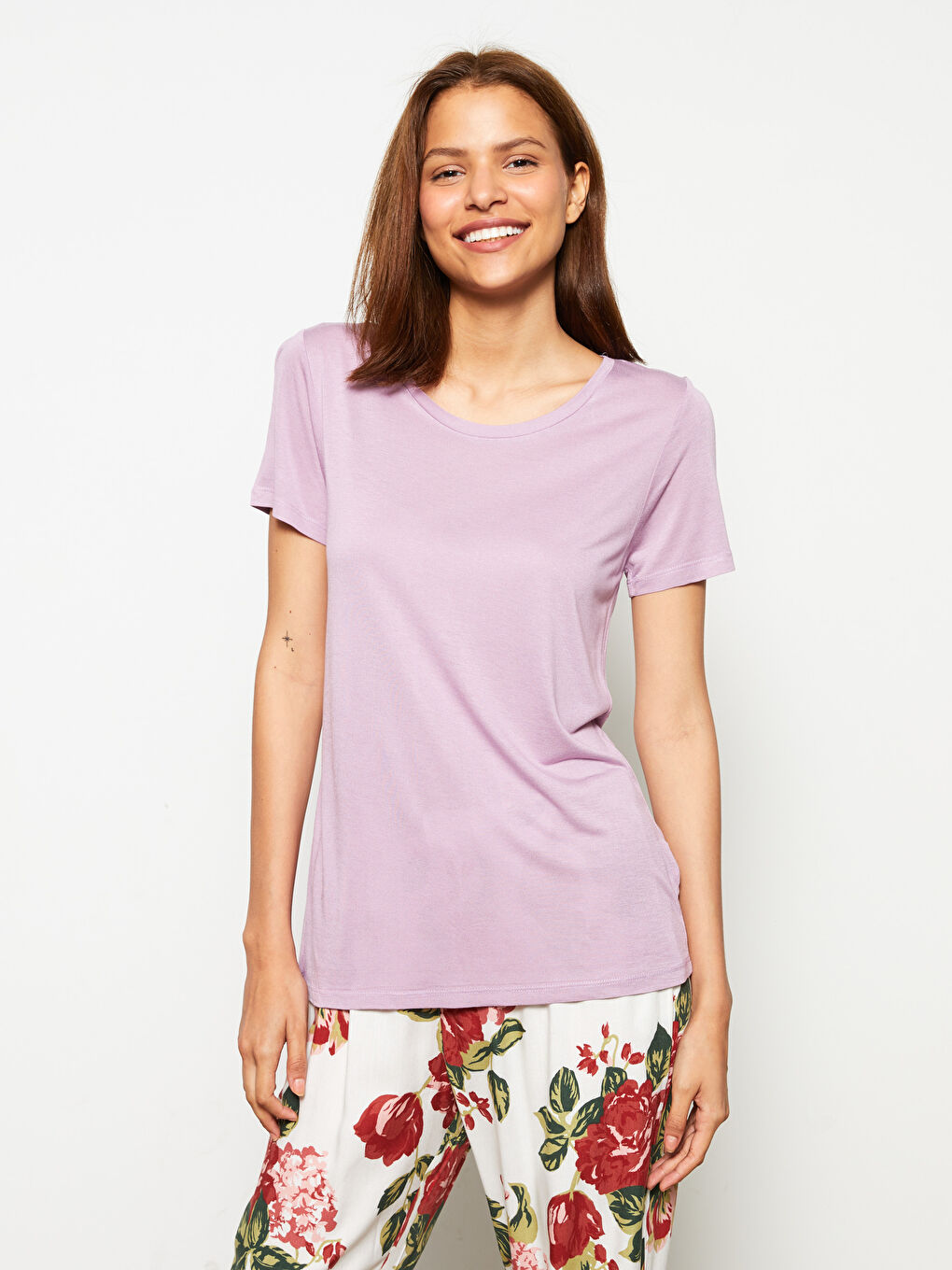 Crew Neck Floral Short Sleeve Viscose Women's Pajamas Set-2