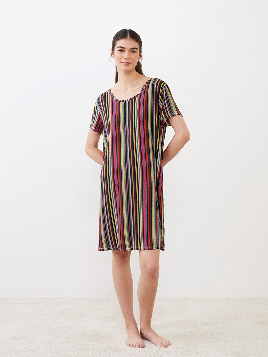 Crew Neck Striped Short Sleeve Women's Nightdress