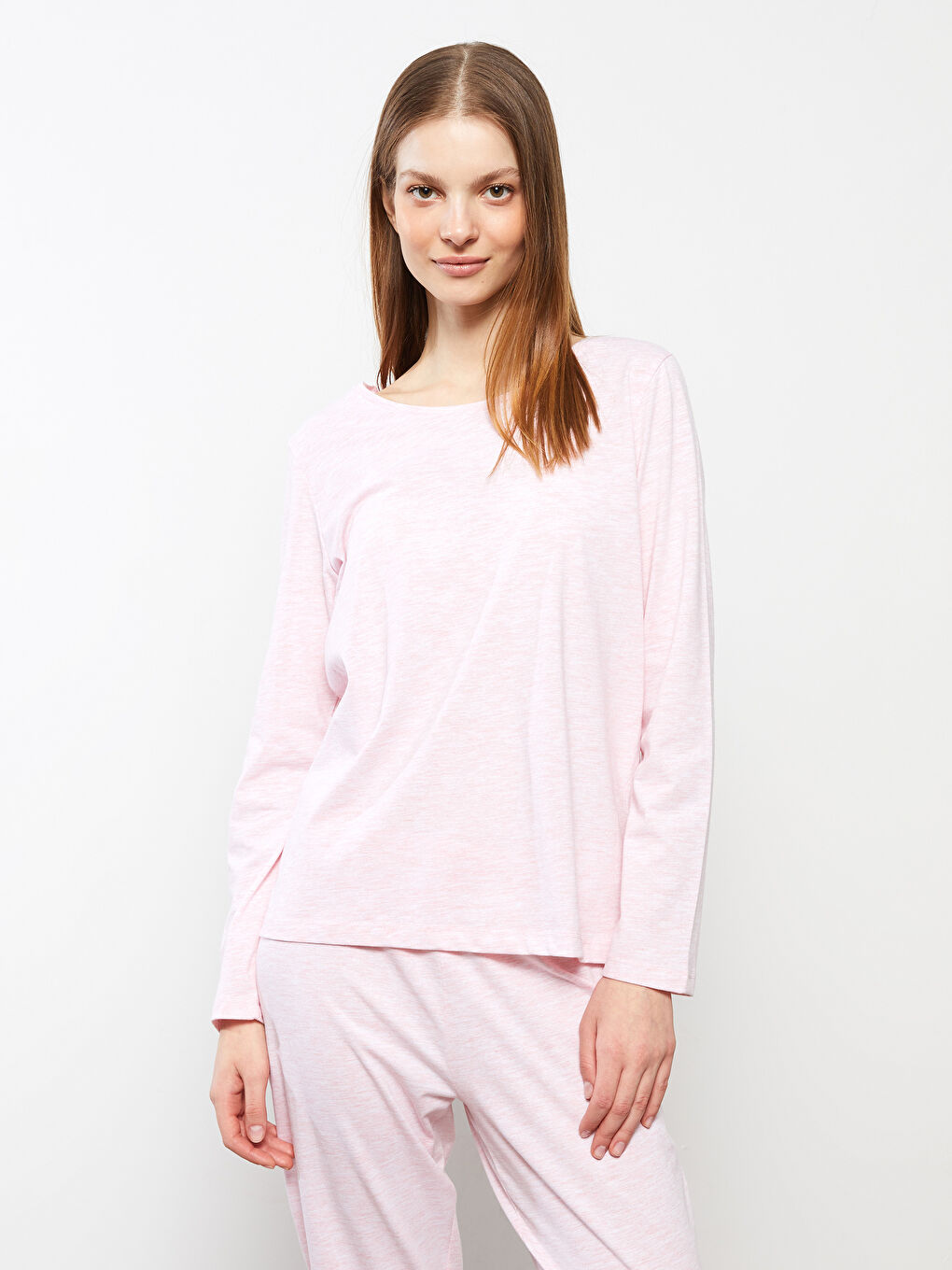 طقم بيجامة كم طويل سادة بياقة دائرية للسيدات-1