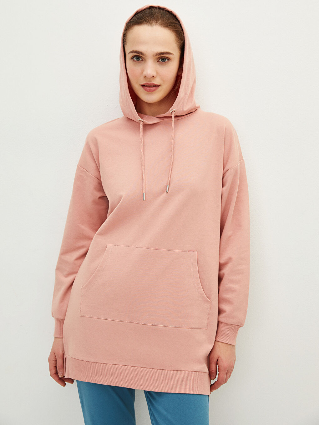 Pembe Kapüşonlu Düz Uzun Kollu Oversize Kadın Sweatshirt Tunik-1