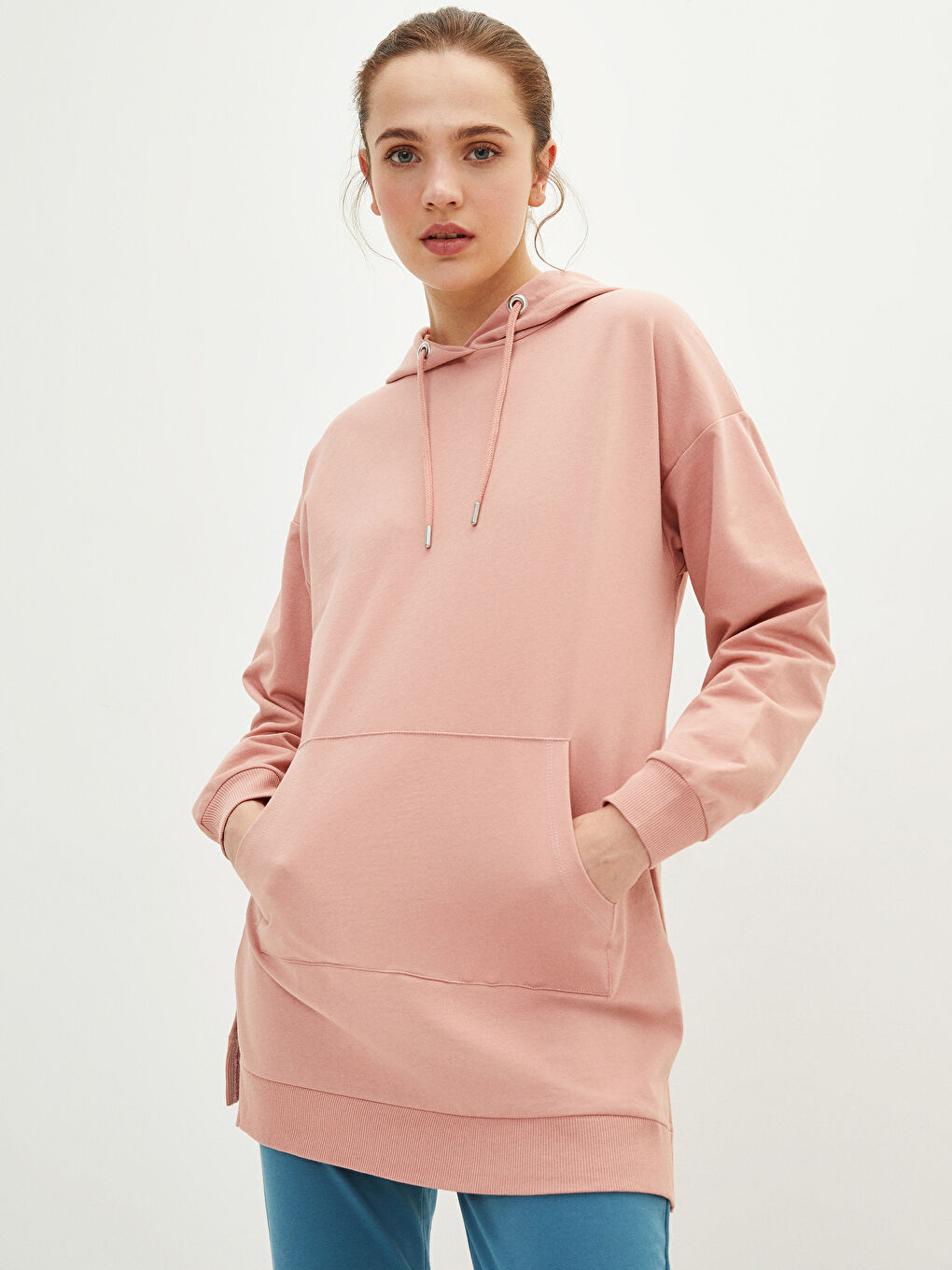 Pembe Kapüşonlu Düz Uzun Kollu Oversize Kadın Sweatshirt Tunik-2