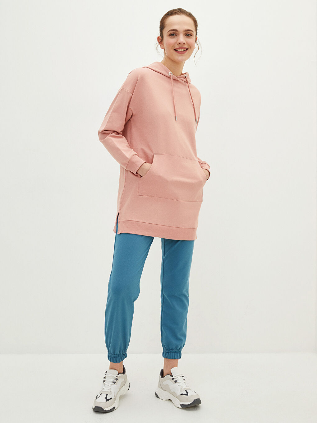 Pembe Kapüşonlu Düz Uzun Kollu Oversize Kadın Sweatshirt Tunik-3