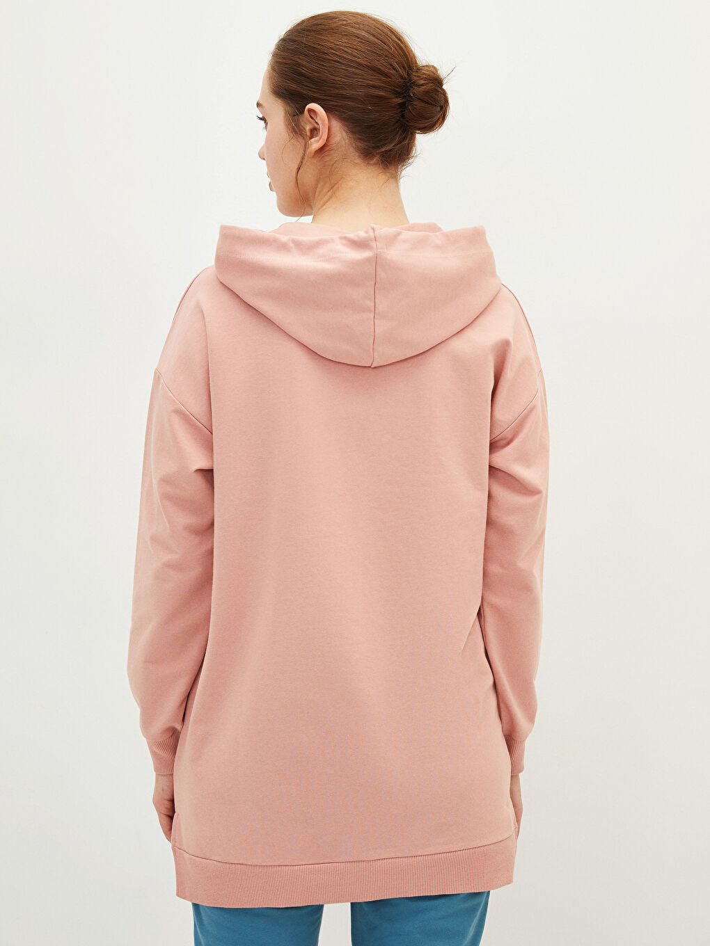 Pembe Kapüşonlu Düz Uzun Kollu Oversize Kadın Sweatshirt Tunik-5