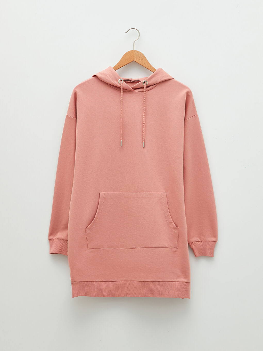 Pembe Kapüşonlu Düz Uzun Kollu Oversize Kadın Sweatshirt Tunik-6