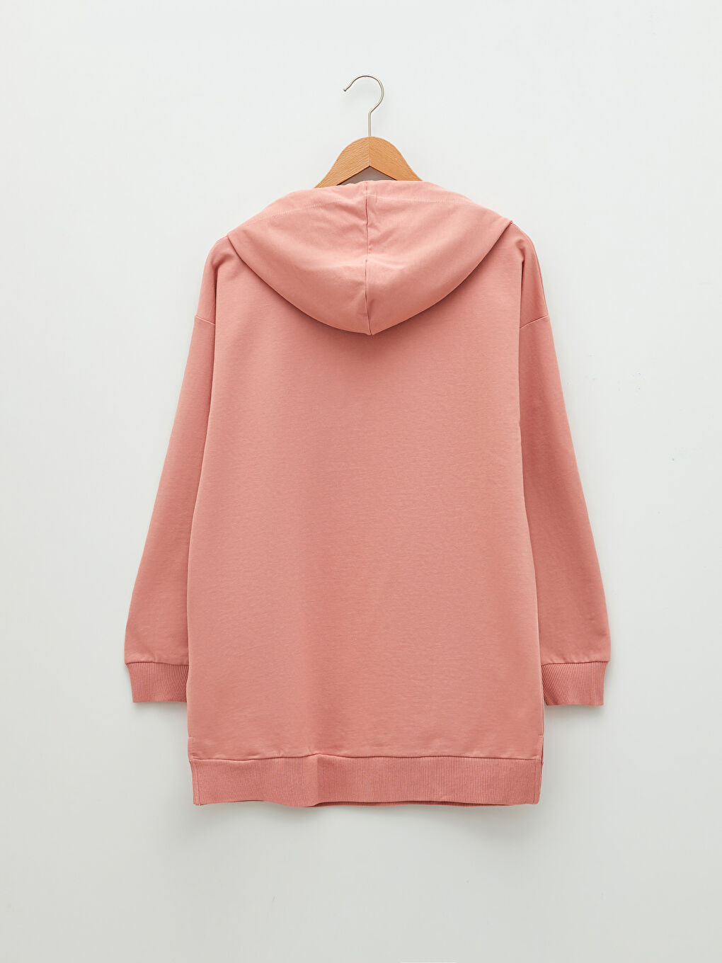 Pembe Kapüşonlu Düz Uzun Kollu Oversize Kadın Sweatshirt Tunik-7