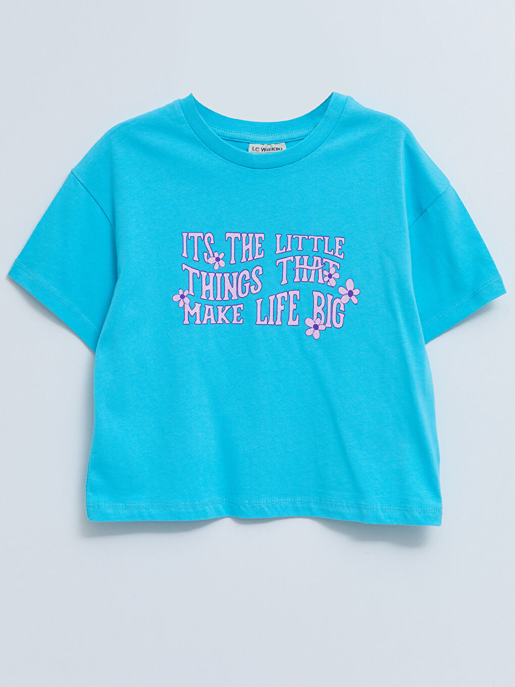 Turkuaz Bisiklet Yaka Baskılı Kısa Kollu Pamuklu Kız Çocuk Tişört