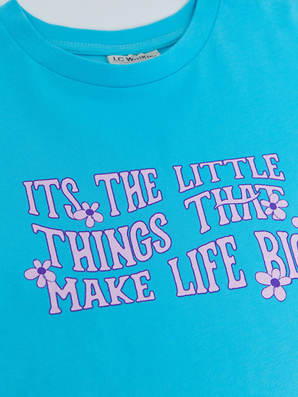 Turkuaz Bisiklet Yaka Baskılı Kısa Kollu Pamuklu Kız Çocuk Tişört-2