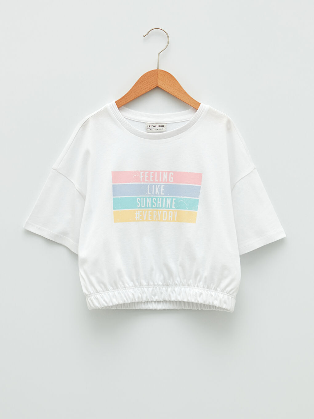 Beyaz Bisiklet Yaka Baskılı Kısa Kollu Kız Çocuk Tişört