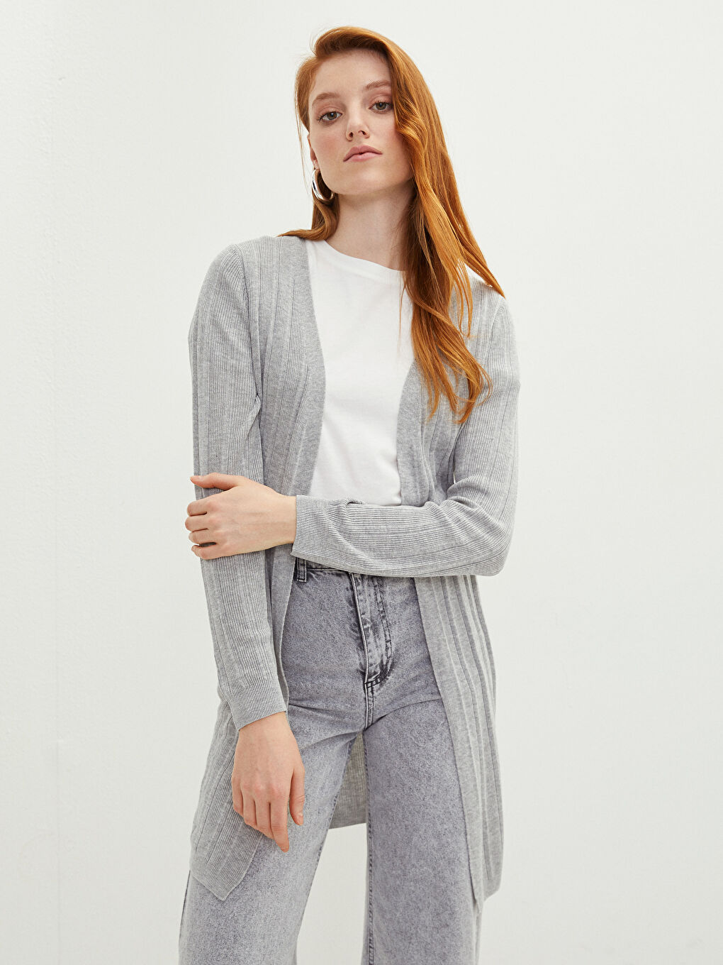 Әйелдерге арналған шаль жаға өрнексіз ұзын жең трикотаж кардиган-1