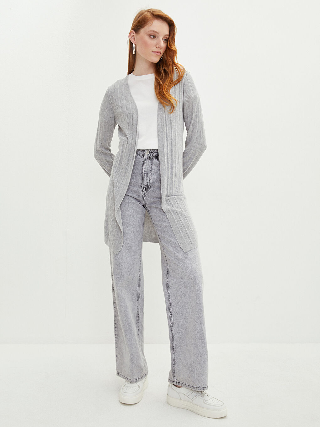 Әйелдерге арналған шаль жаға өрнексіз ұзын жең трикотаж кардиган-2