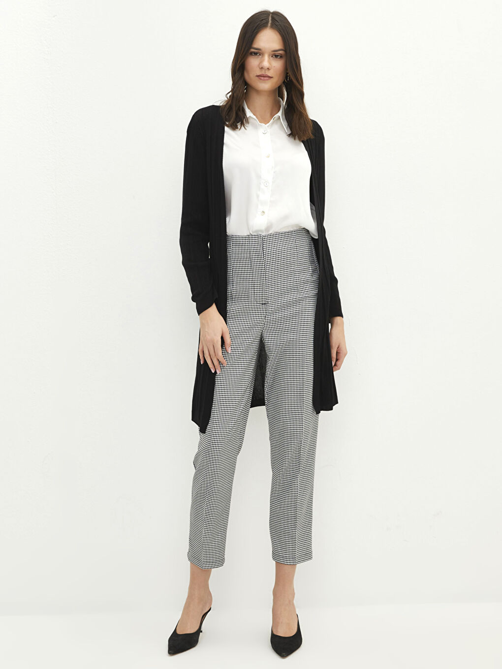 Siyah Şal Yaka Düz Uzun Kollu Kadın Triko Hırka-2