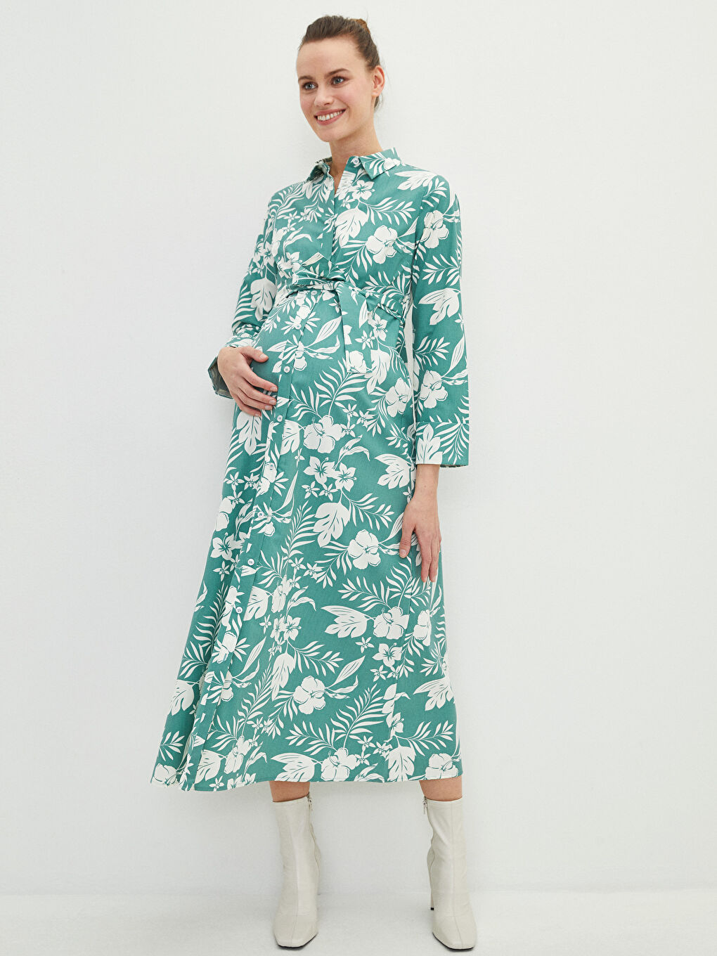 Yeşil Gömlek Yaka Çiçekli Uzun Kollu Hamile Elbise-1