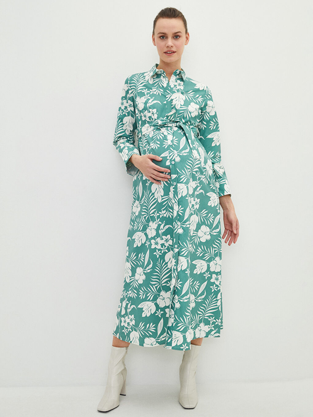 Yeşil Gömlek Yaka Çiçekli Uzun Kollu Hamile Elbise-3