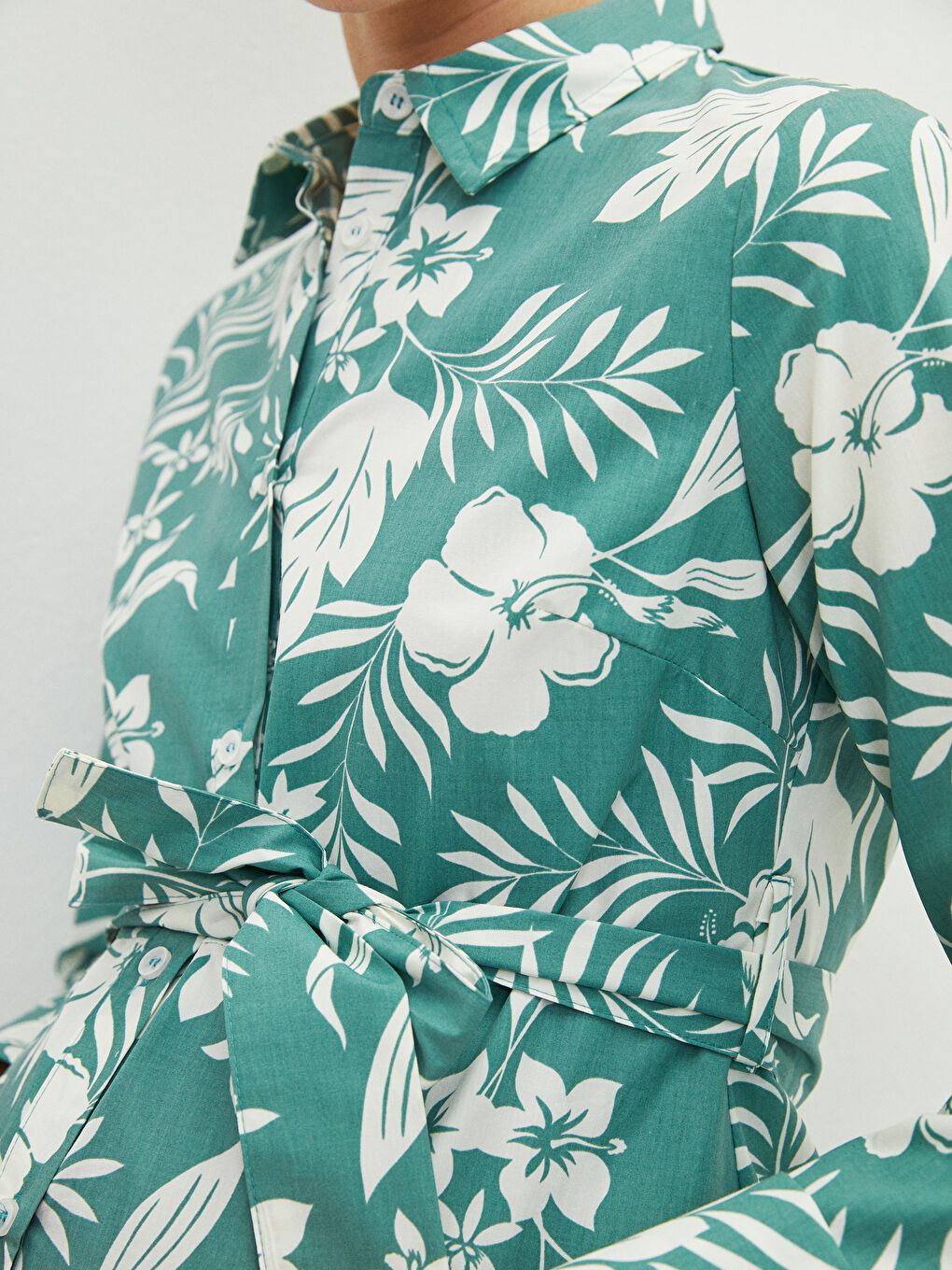 Yeşil Gömlek Yaka Çiçekli Uzun Kollu Hamile Elbise-7