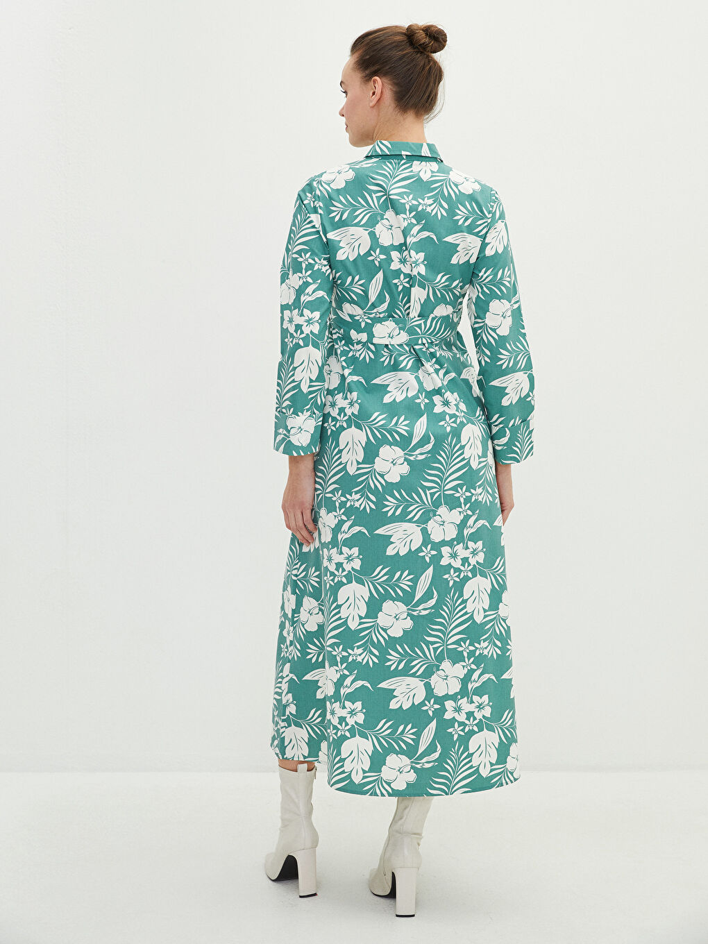 Yeşil Gömlek Yaka Çiçekli Uzun Kollu Hamile Elbise-9