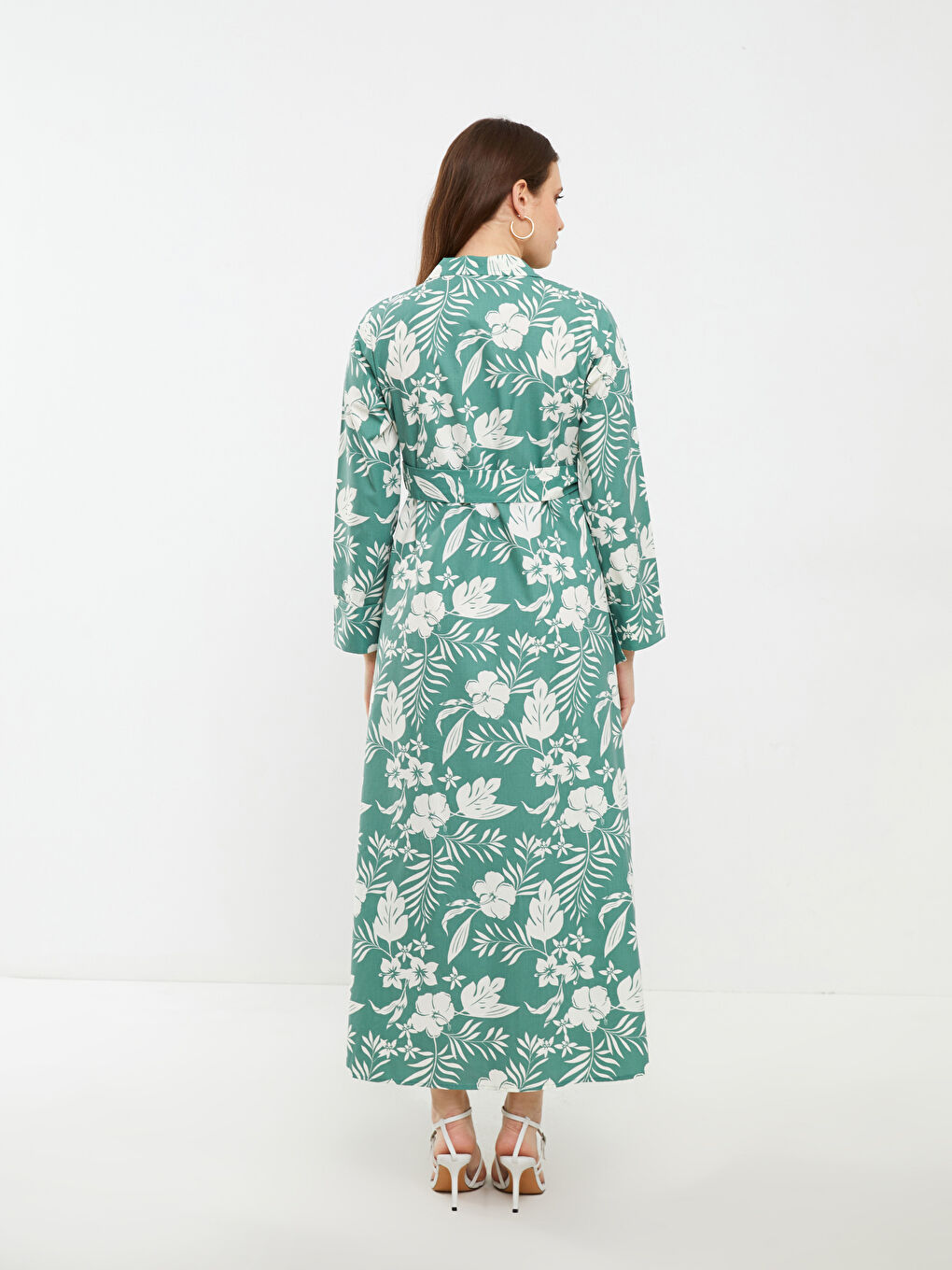 Yeşil Gömlek Yaka Çiçekli Uzun Kollu Hamile Elbise-10