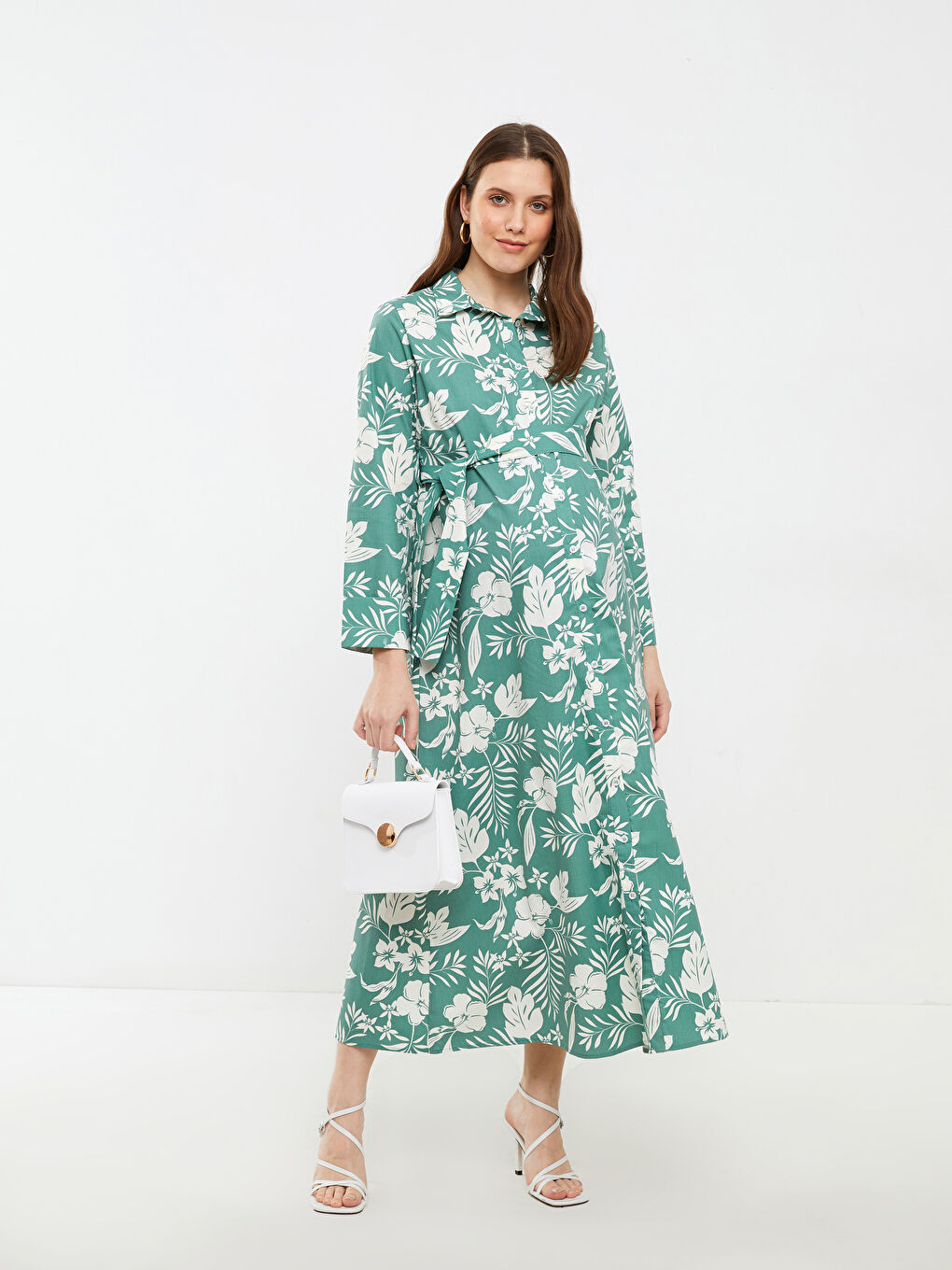 Yeşil Gömlek Yaka Çiçekli Uzun Kollu Hamile Elbise