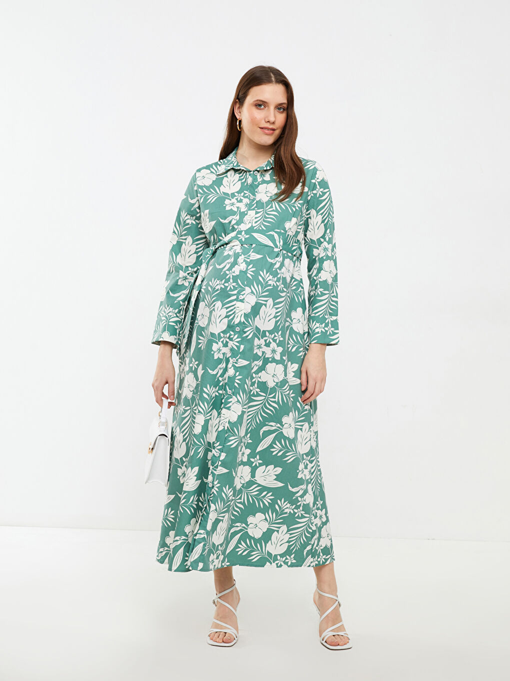 Yeşil Gömlek Yaka Çiçekli Uzun Kollu Hamile Elbise-4