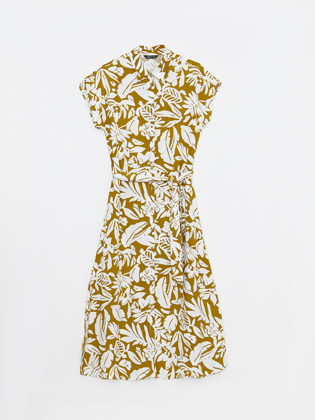 Yeşil Çiçekli Kısa Kollu Viskon Kadın Gömlek Elbise-5