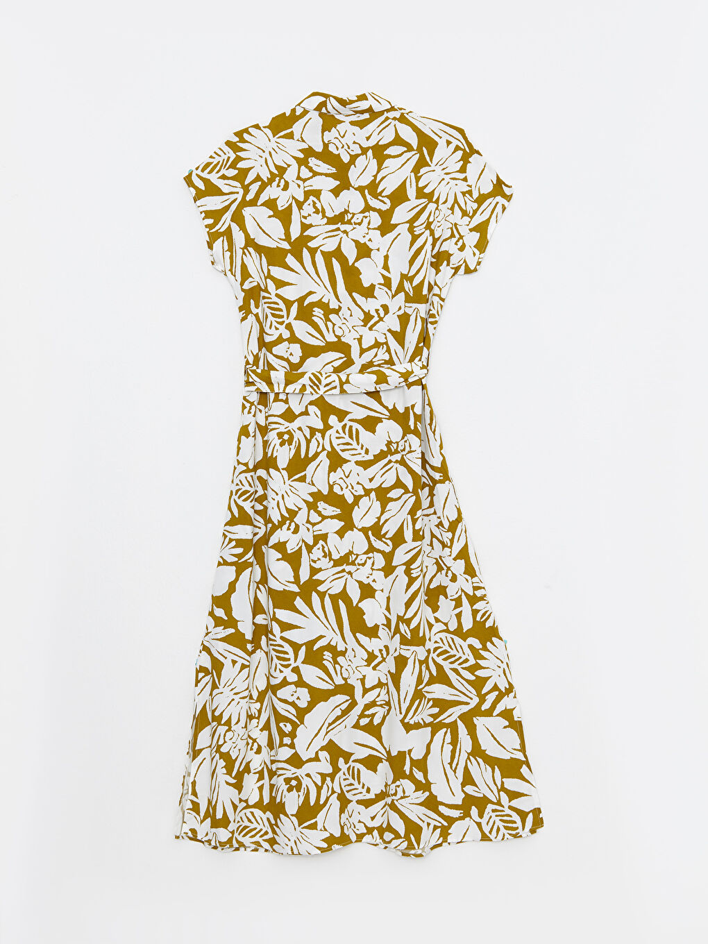 Yeşil Çiçekli Kısa Kollu Viskon Kadın Gömlek Elbise-6