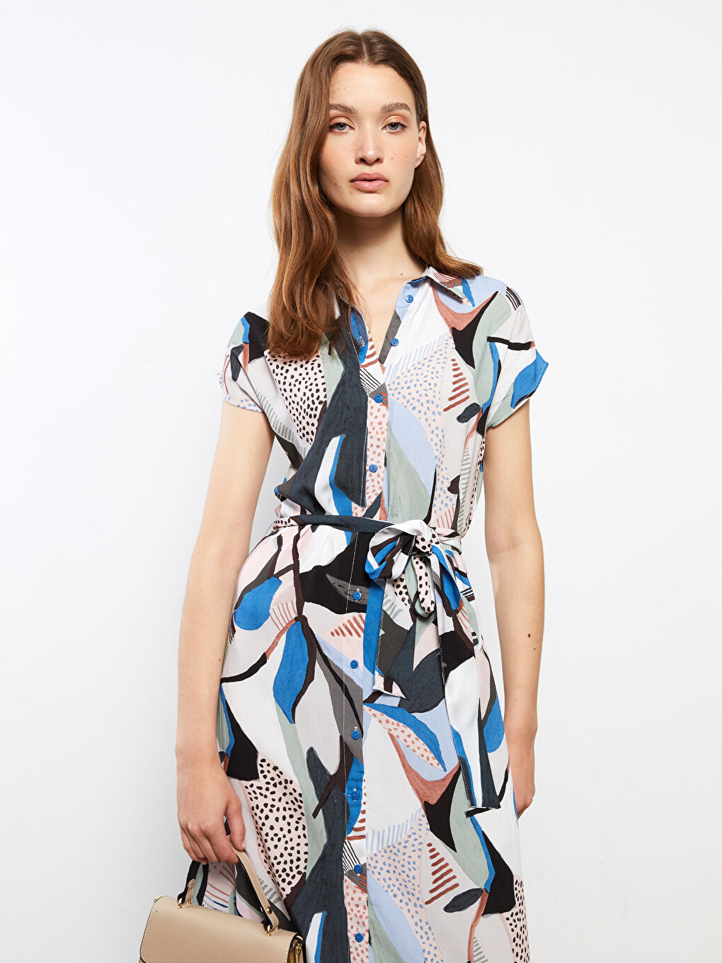 Lacivert Çiçekli Kısa Kollu Viskon Kadın Gömlek Elbise