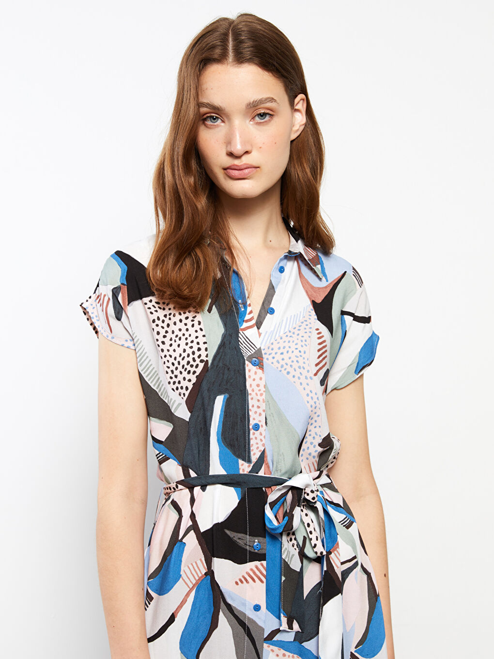 Lacivert Çiçekli Kısa Kollu Viskon Kadın Gömlek Elbise-1