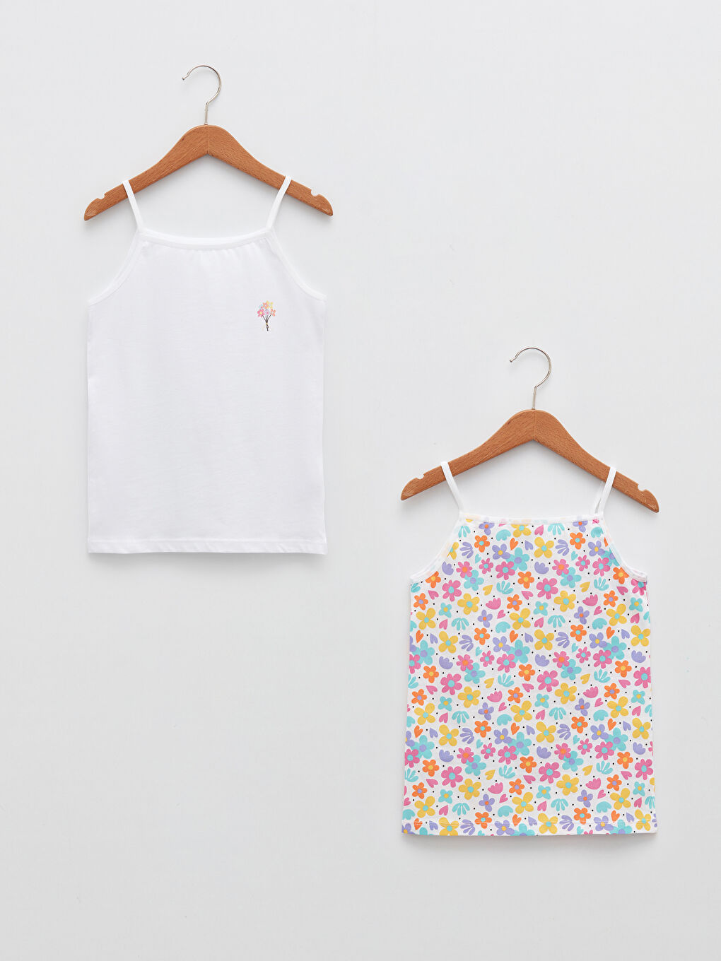 Beyaz Kare Yaka Baskılı Askılı Pamuklu Kız Çocuk Atlet 2'li