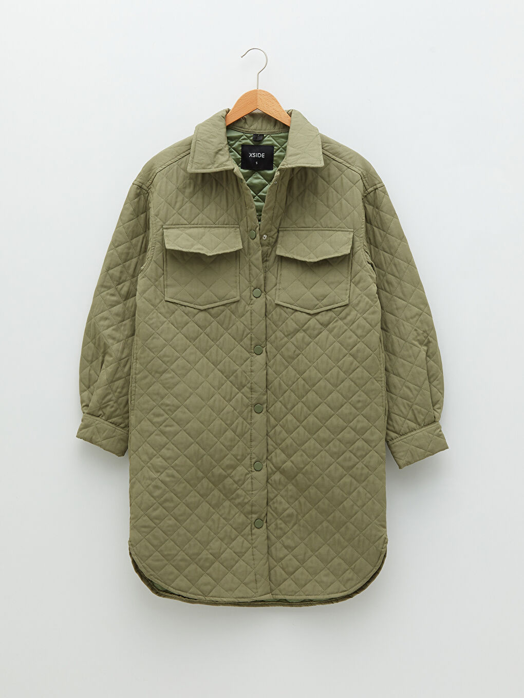 Yeşil Gömlek Yaka Kapitone Desenli Uzun Kollu Kadın Mont-8