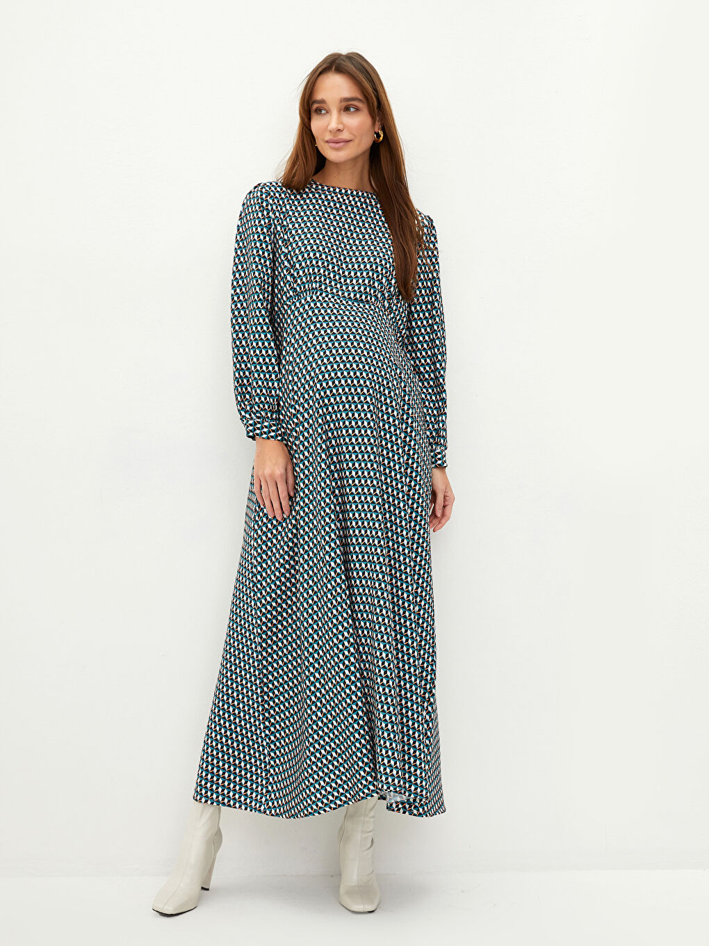 Crew Neck Patterned Long Sleeve Poplin Maternity Dress