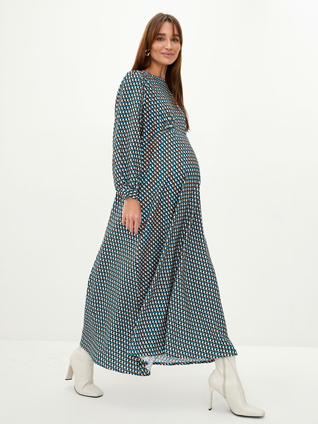 Crew Neck Patterned Long Sleeve Poplin Maternity Dress-1