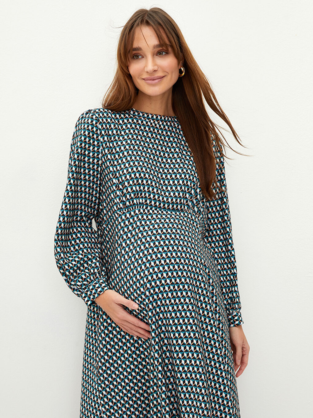 Crew Neck Patterned Long Sleeve Poplin Maternity Dress-2