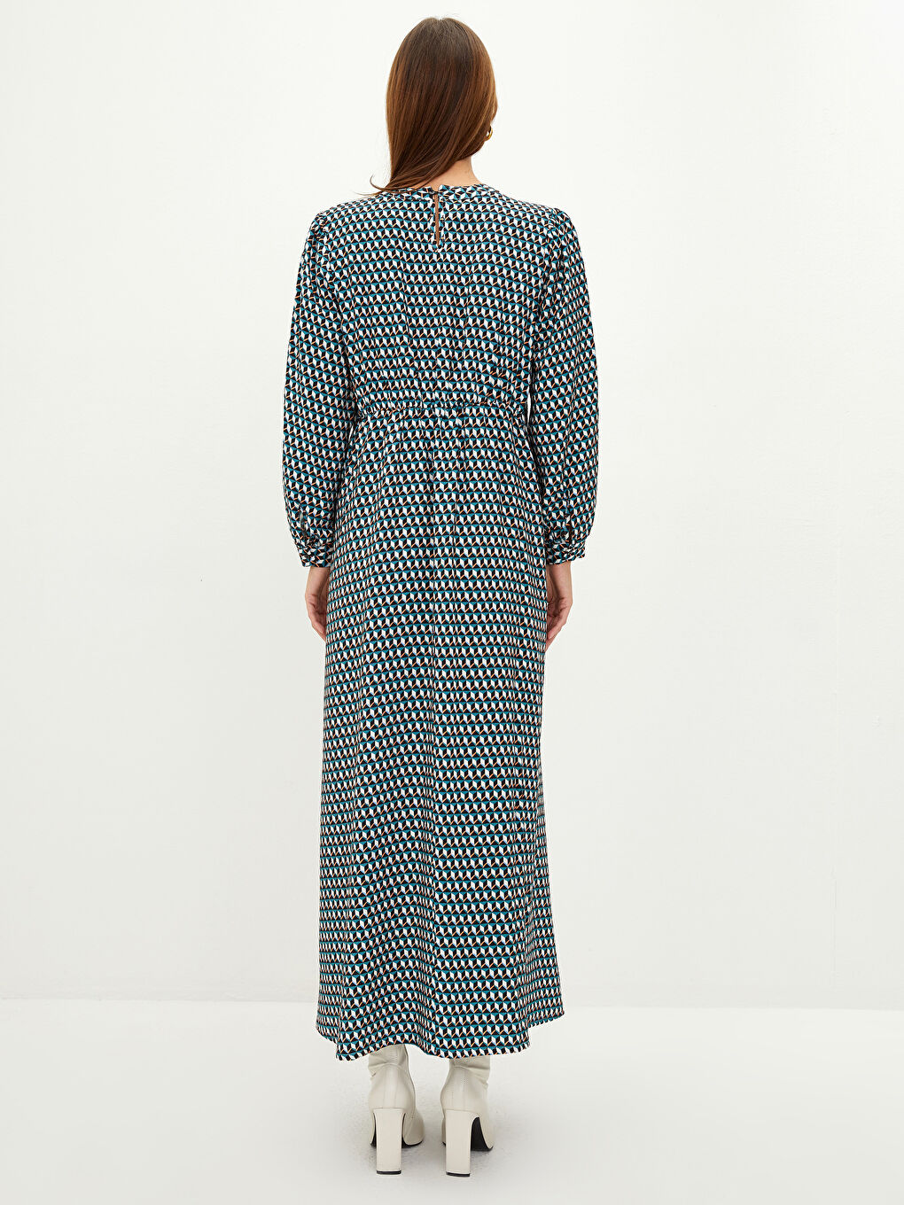 Crew Neck Patterned Long Sleeve Poplin Maternity Dress-4