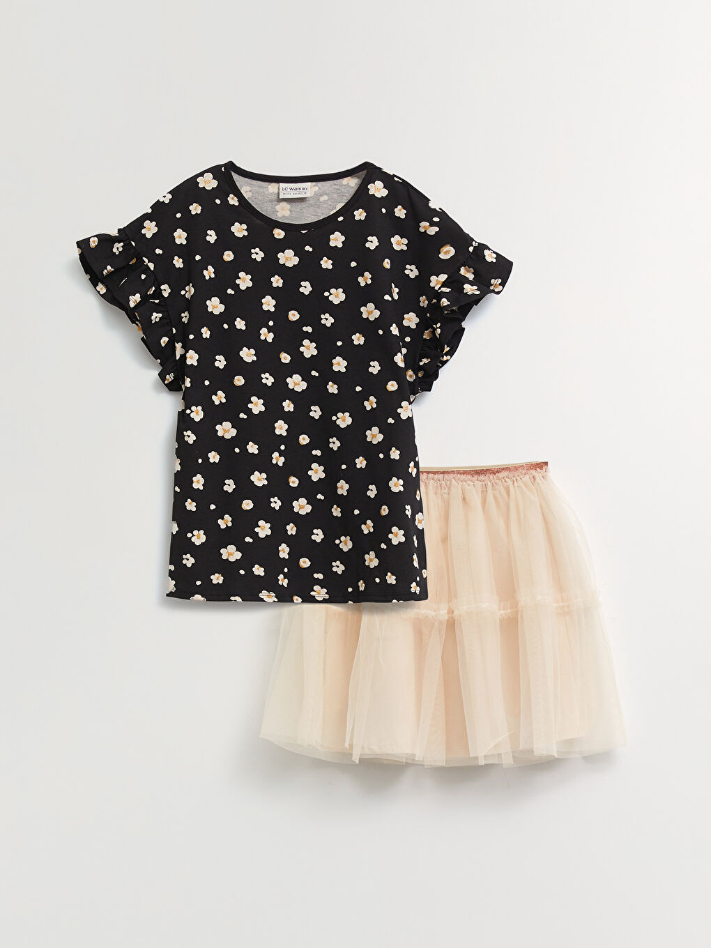 Crew Neck Printed Short Sleeve Girl's Blouse and Skirt