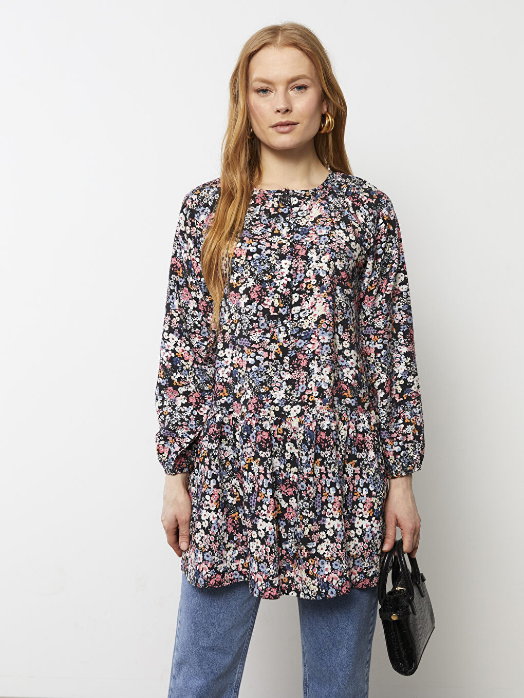Crew Neck Floral Long Sleeve Women's Tunic-1