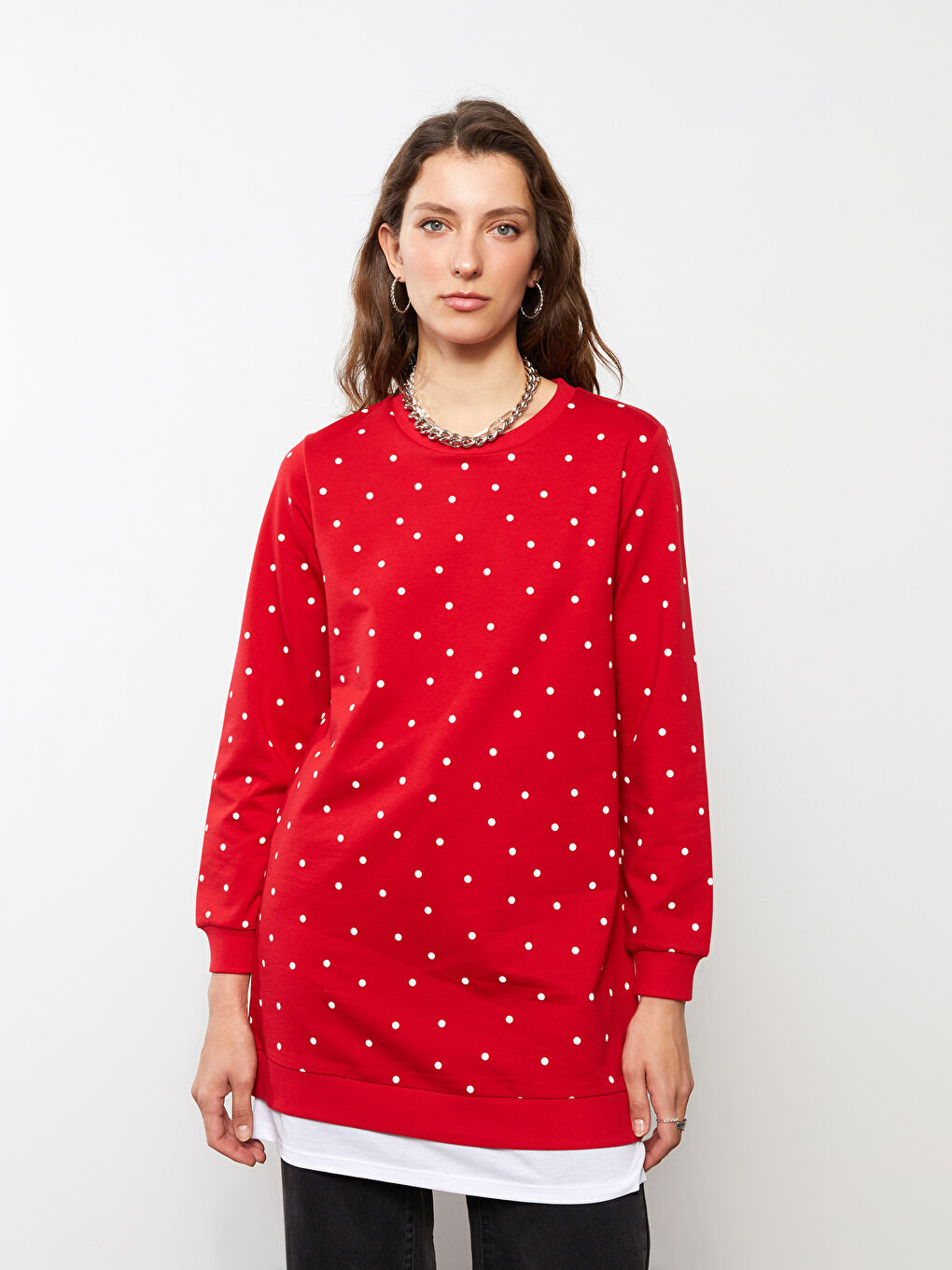 Kırmızı Bisiklet Yaka Puantiyeli Uzun Kollu Kadın Tunik