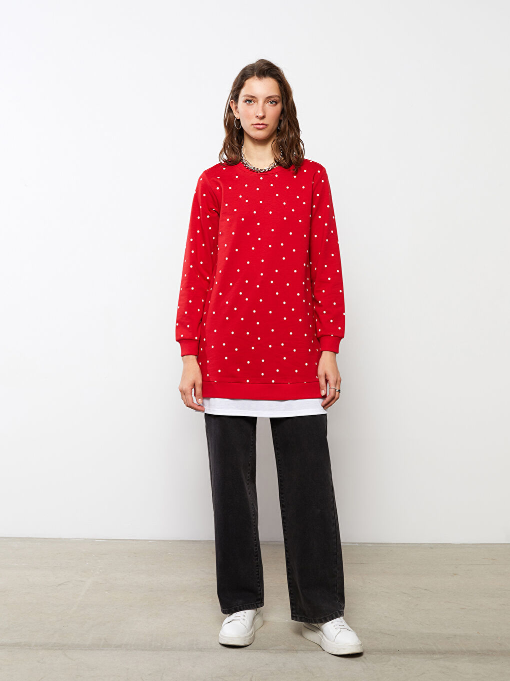 Kırmızı Bisiklet Yaka Puantiyeli Uzun Kollu Kadın Tunik-1