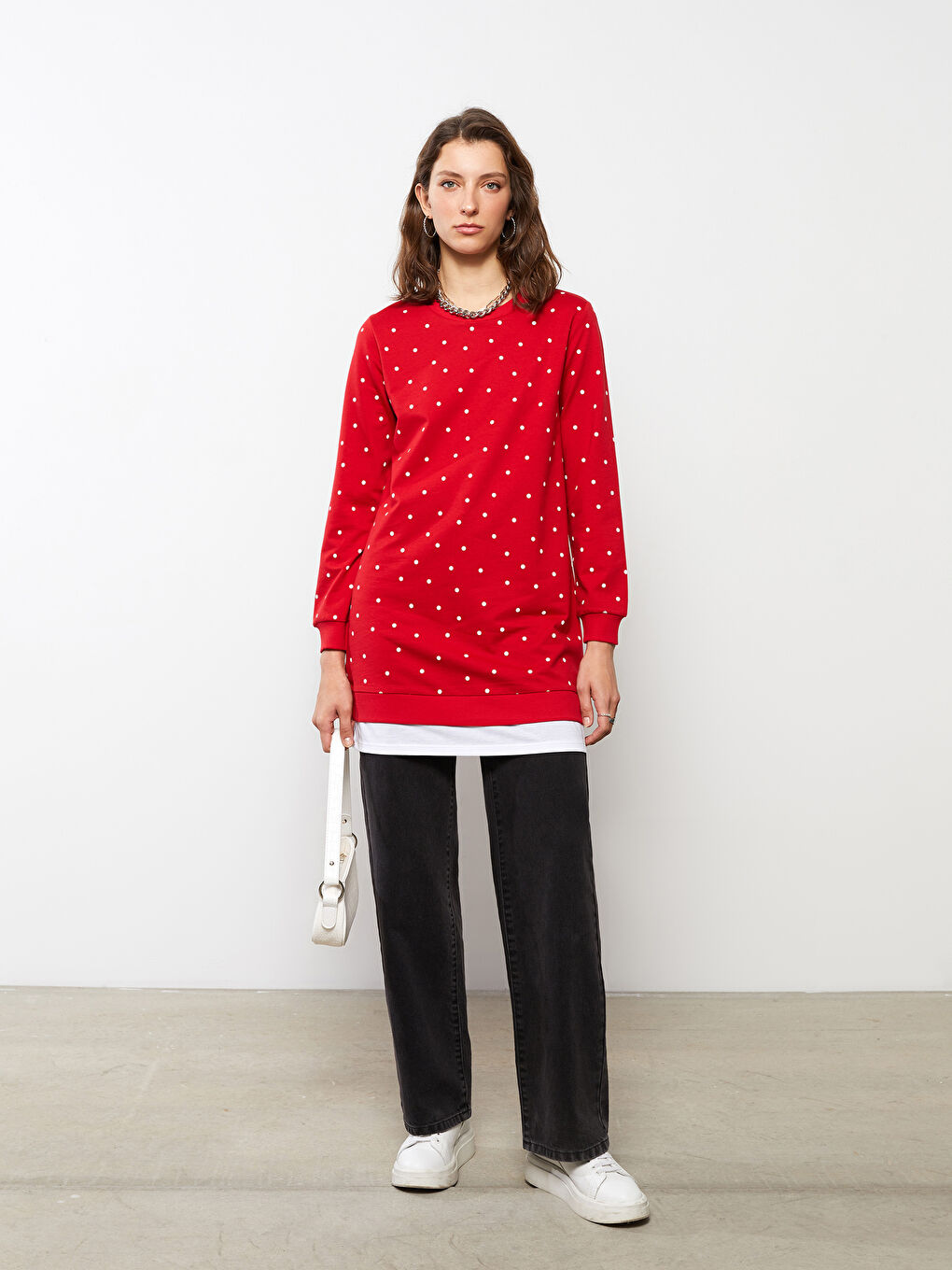 Kırmızı Bisiklet Yaka Puantiyeli Uzun Kollu Kadın Tunik-3