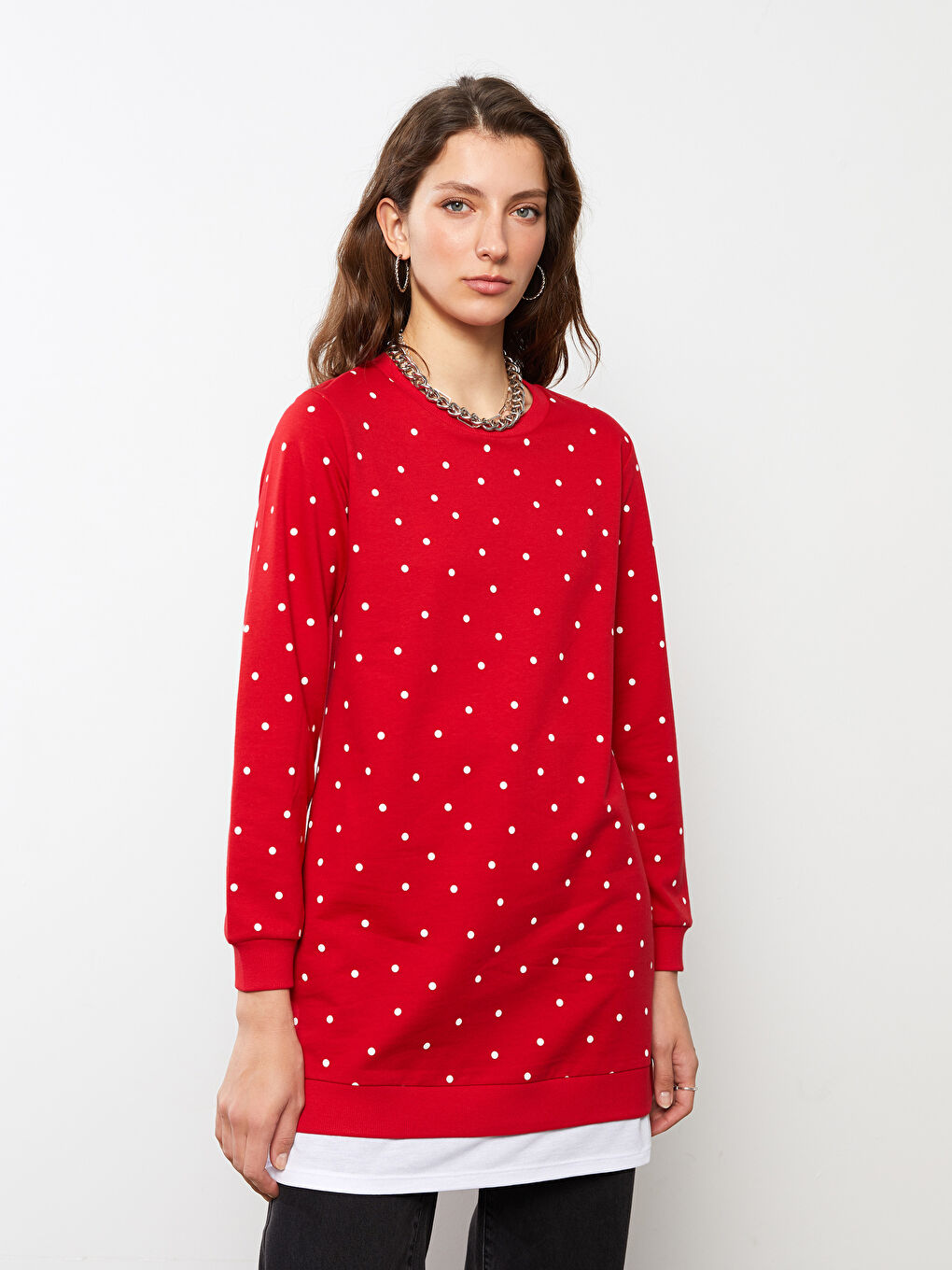 Kırmızı Bisiklet Yaka Puantiyeli Uzun Kollu Kadın Tunik-4
