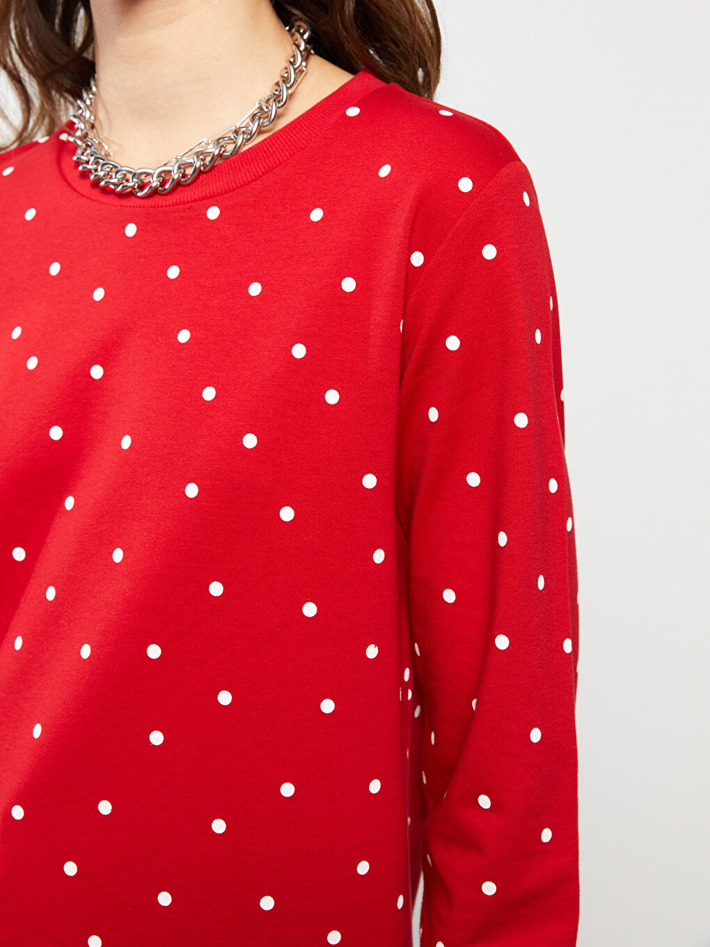 Kırmızı Bisiklet Yaka Puantiyeli Uzun Kollu Kadın Tunik-5