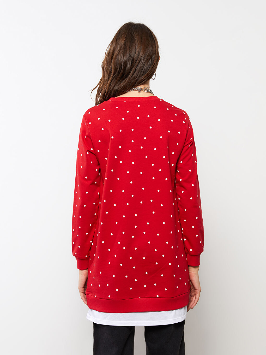 Kırmızı Bisiklet Yaka Puantiyeli Uzun Kollu Kadın Tunik-6