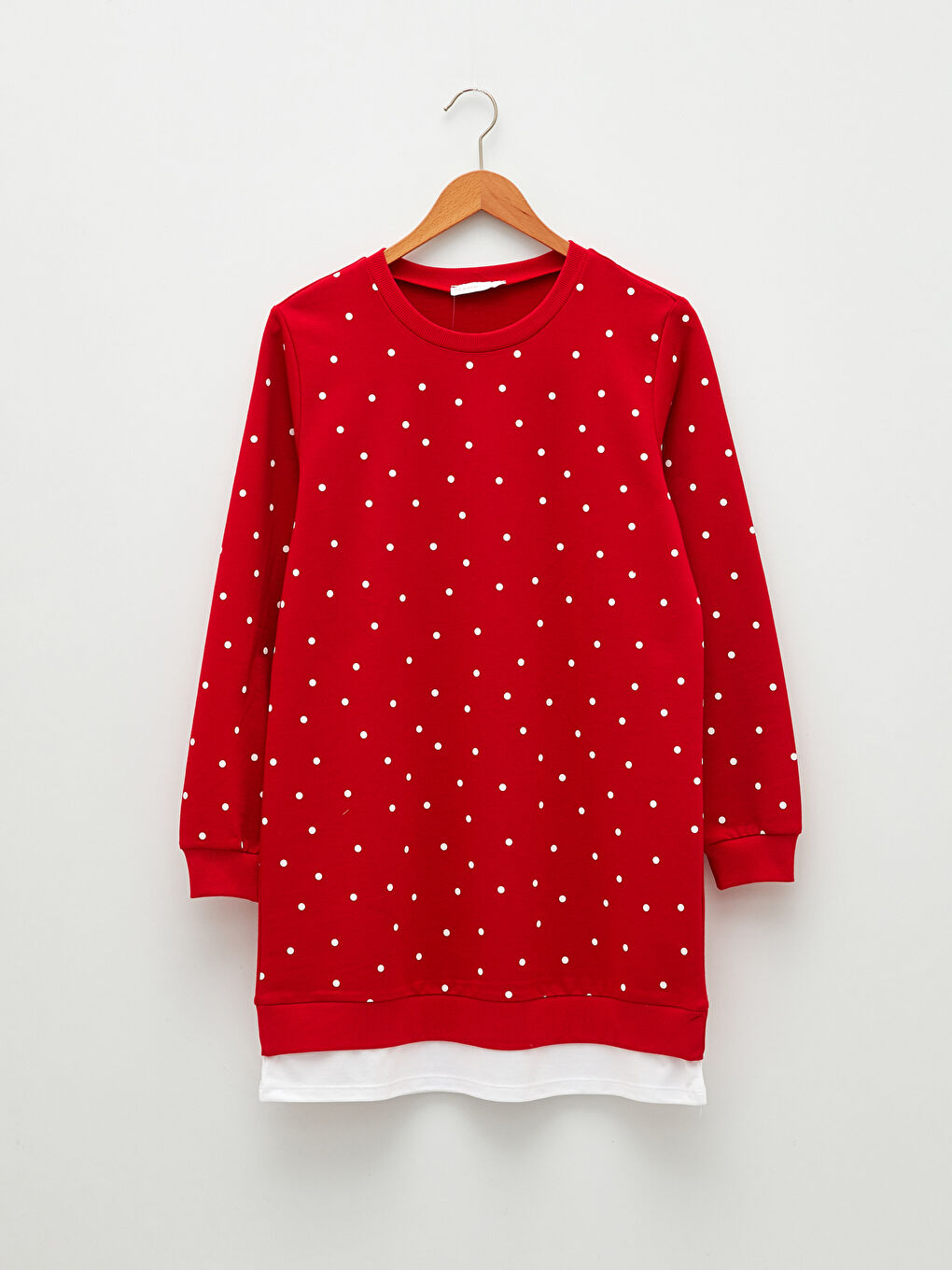 Kırmızı Bisiklet Yaka Puantiyeli Uzun Kollu Kadın Tunik-7