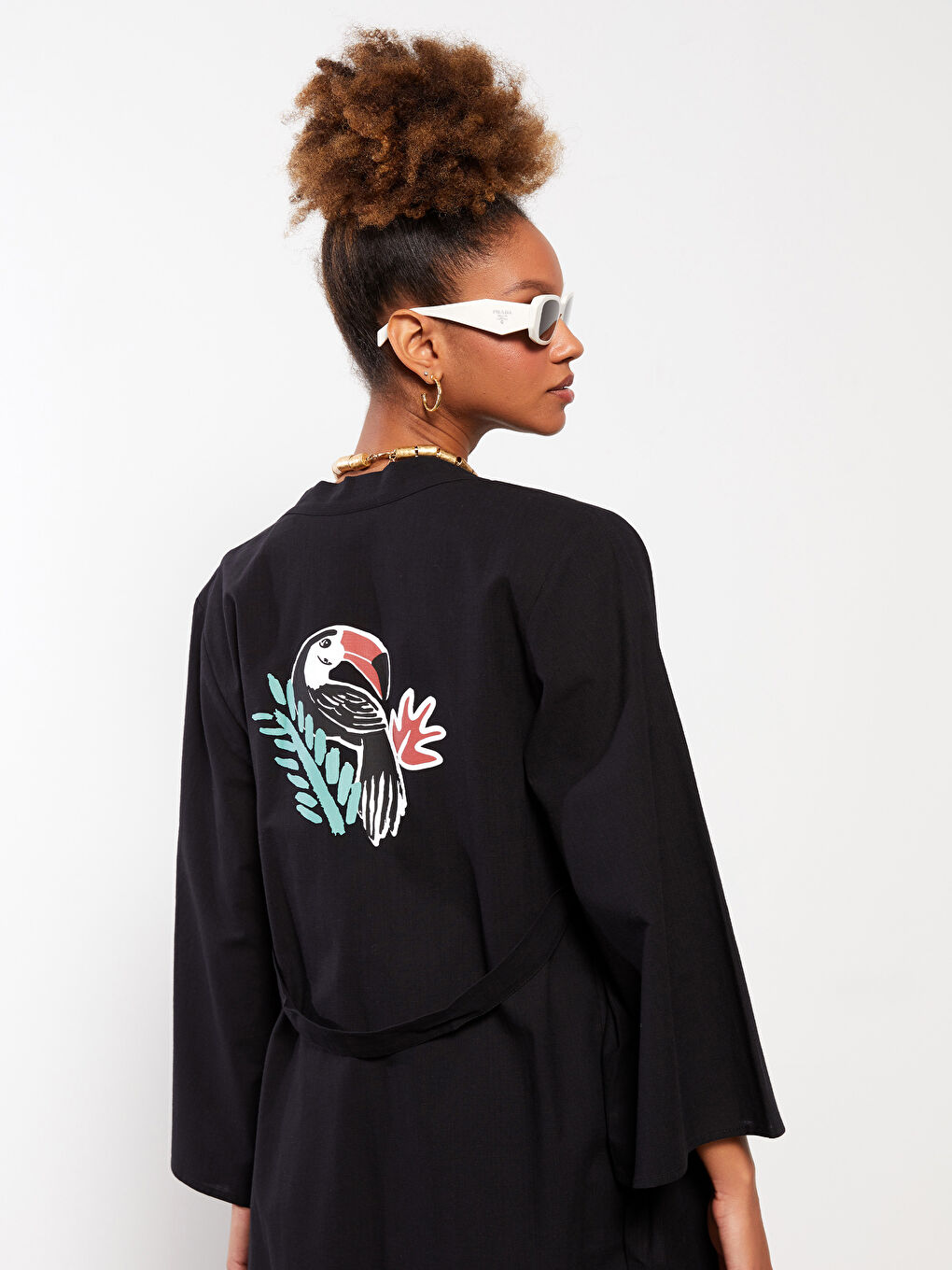 Kimono pour Femmes à Col Double Boutonnage Imprimé à Manches Longues en Popeline