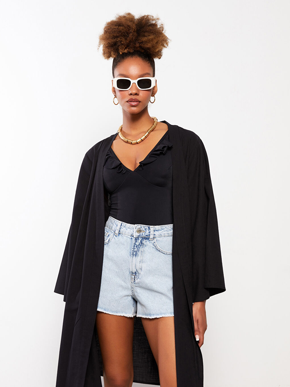 Kimono pour Femmes à Col Double Boutonnage Imprimé à Manches Longues en Popeline-1