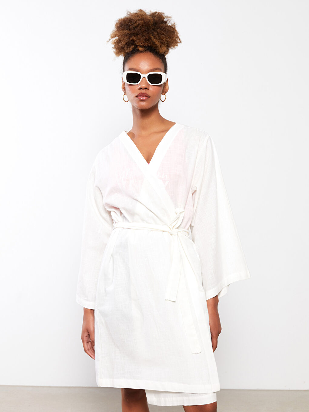 Double Breasted Collar Printed Long Sleeve Poplin Women's Kimono -S2BP80Z8-FRC