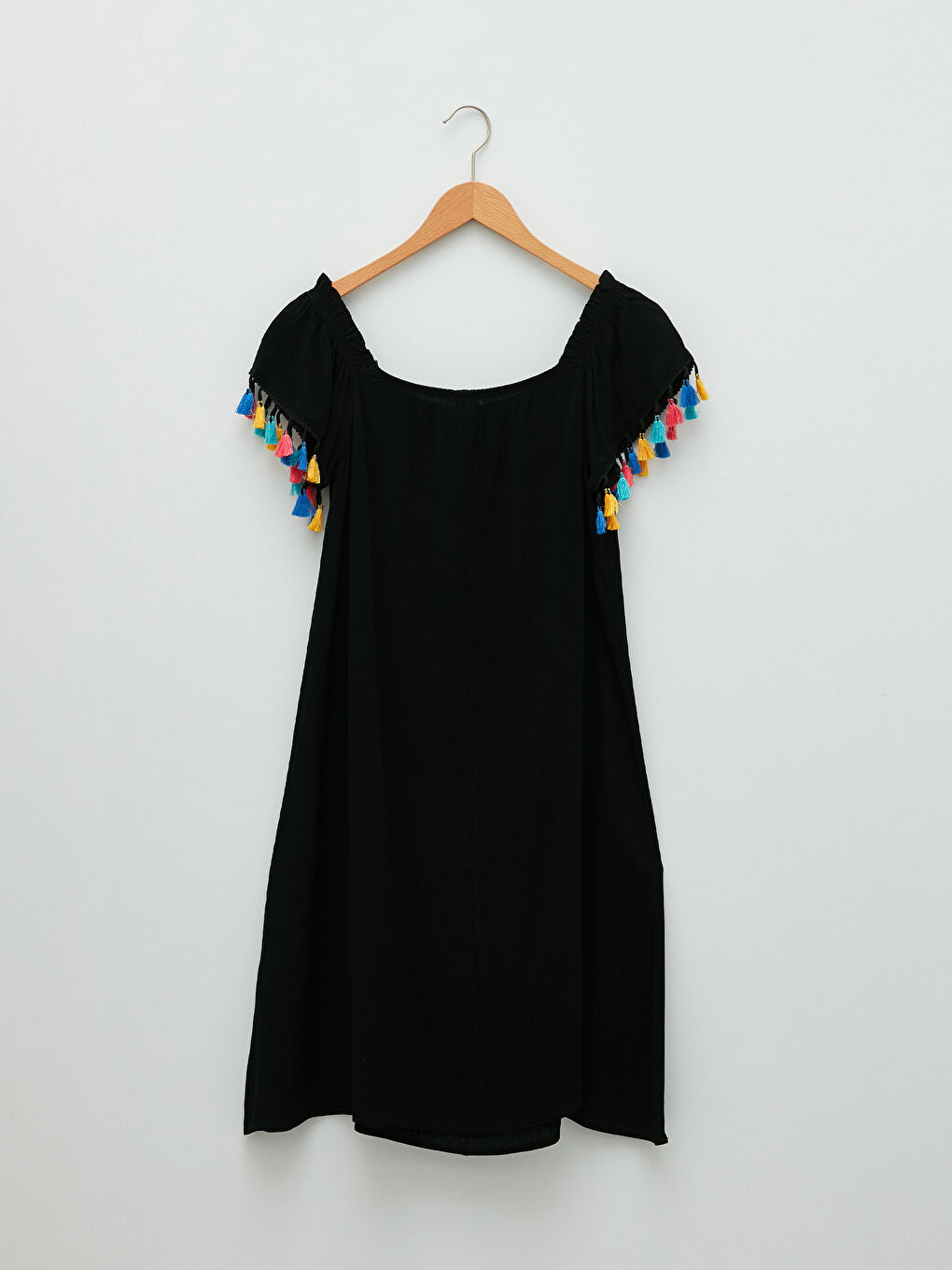 Siyah Kayık Yaka Düz Kısa Kollu Viskon Kadın Plaj Elbisesi-6