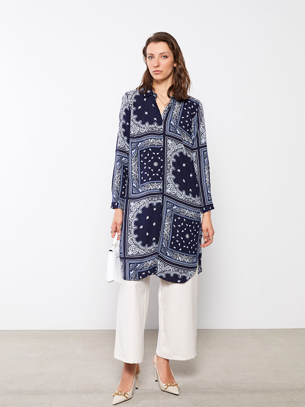 Patterned Long Sleeve Viscose Women's Shirt Tunic-1