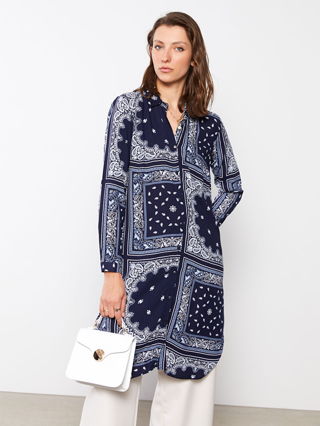 Patterned Long Sleeve Viscose Women's Shirt Tunic-2